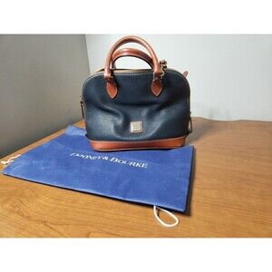 Ladies Dooney & Bourke Black & Brown Pebbled Leather Zip Domed Satchel Handbag